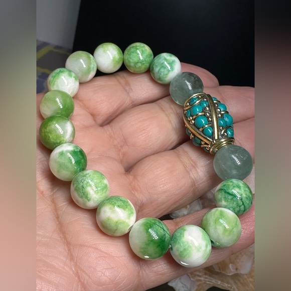 RARE PERSIAN JADE + FLUORITE + TURQUOISE NATURAL BRACELET size 7” - Picture 10 of 11